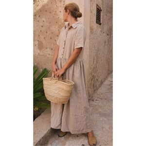 Sauths Vernaza Linen Maxi Dress Almond Tan Beige Women XL Short Sleeve Relaxed